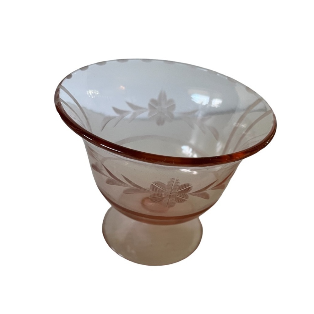 Vintage Pink Depression Glass Etched Floral Footed Dish / Compote